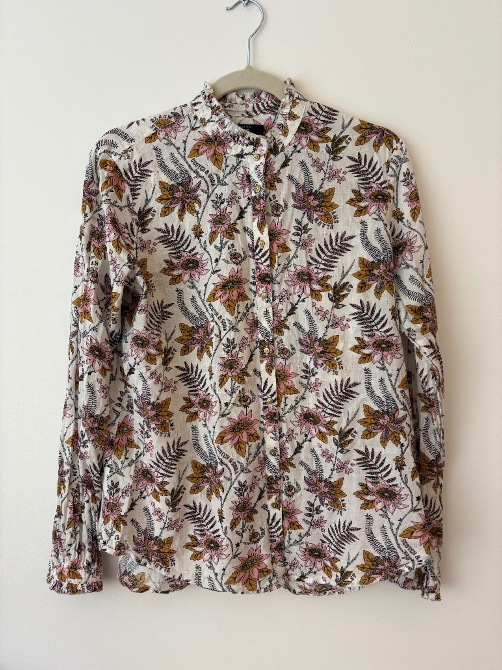 Scotch & Soda Amsterdams Blauw Floral Ruffle Collar Button Down Blouse L
